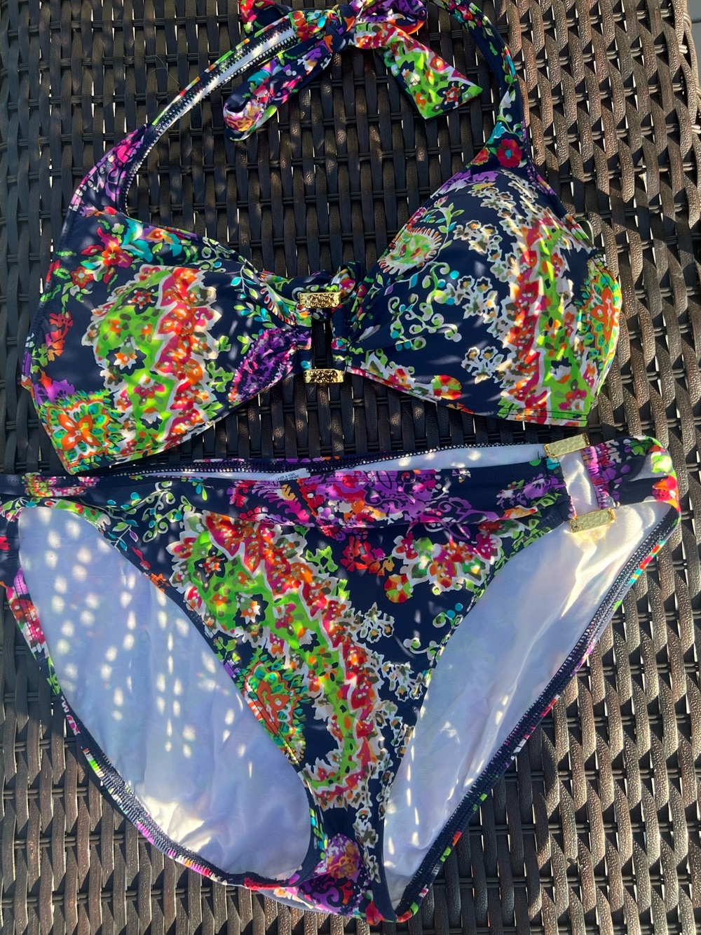Ralph Lauren Navy Floral Halter Bikini Multicoloured with gold tone accents